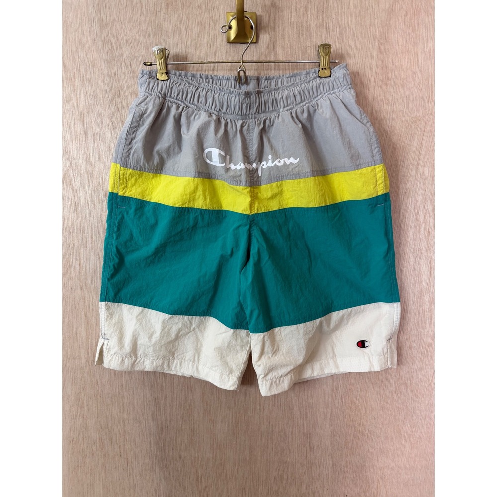 Champion Mens Colorblock Nylon Swim Trunks Grey Teal Yellow Medium